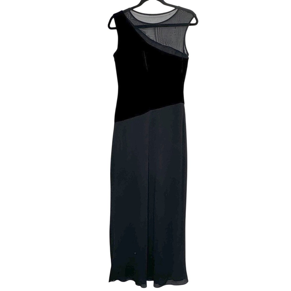 Ever Beauty Maxi Dress 8 Black‎ Velvet Mesh Illusion Asymmetrical 90s Vintage